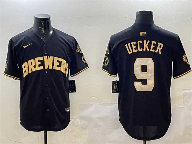 Mens Milwaukee Brewers #9 Bob Uecker Black Gold With Home Patch Limited Stitched Jersey
